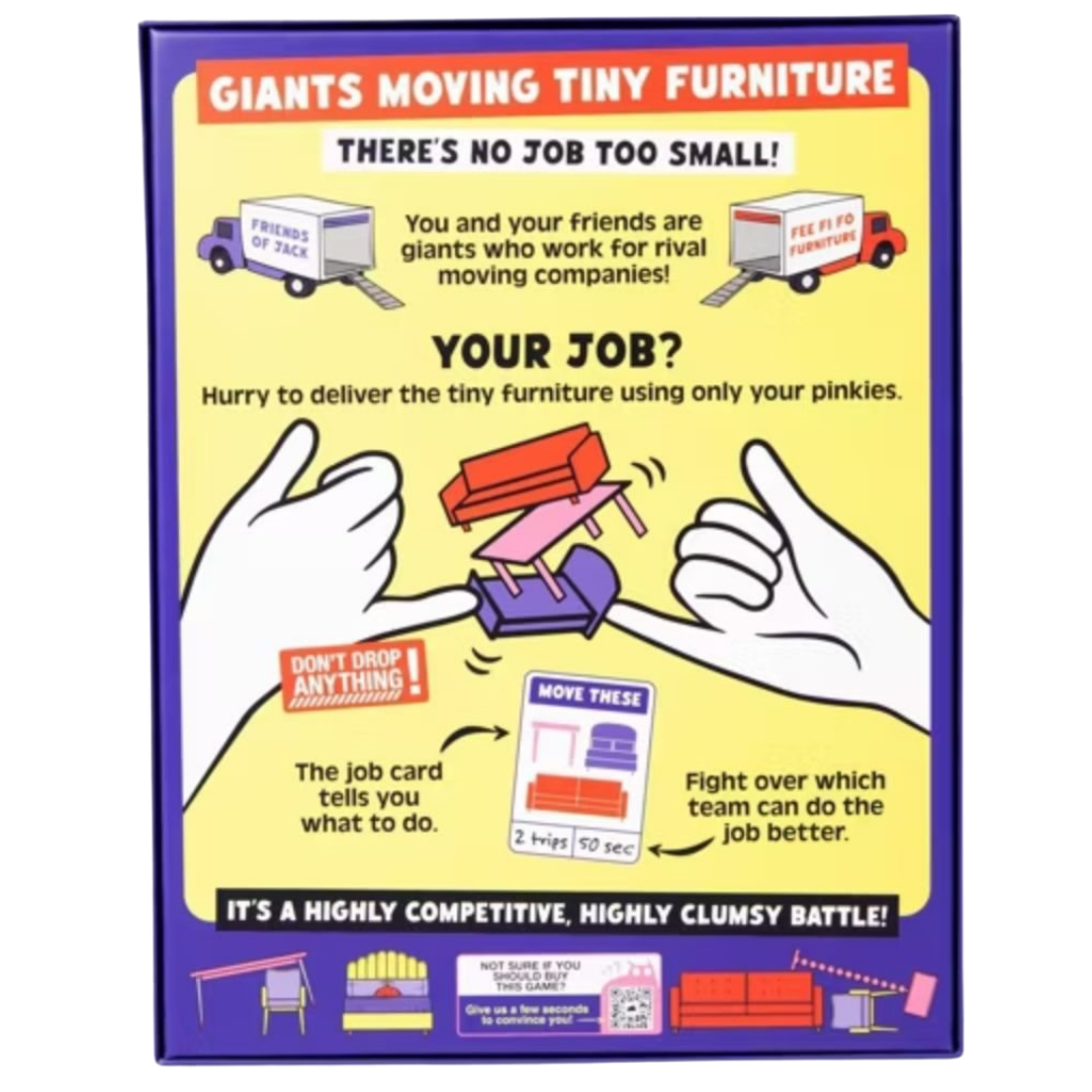 Giants Moving Tiny Furniture party game with miniature furniture and pinkies only dexterity gameplay
