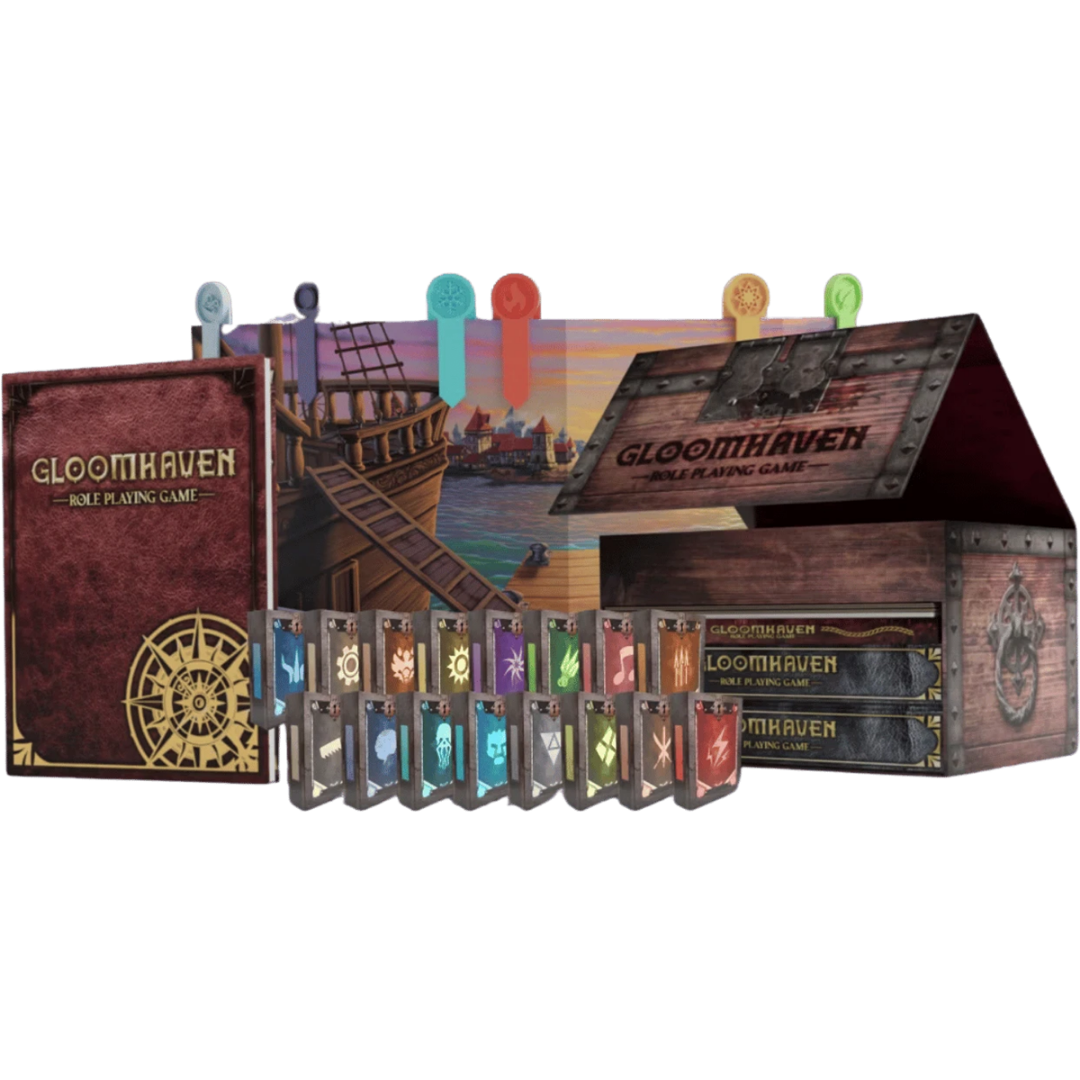 Gloomhaven RPG Deluxe Box Set with deluxe rulebook, class decks, GM screen, and storage box