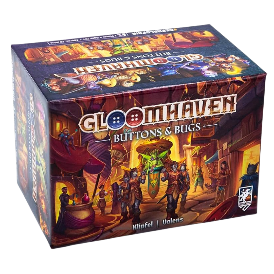 Gloomhaven Buttons and Bugs solo tactical adventure board game with compact campaign gameplay