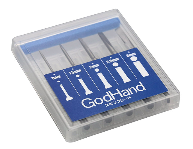 Godhand Spin Blade set for model kits, includes 5 bits (1mm-3mm) for creating round flat indents in plastic, designed for use with a pin vice.