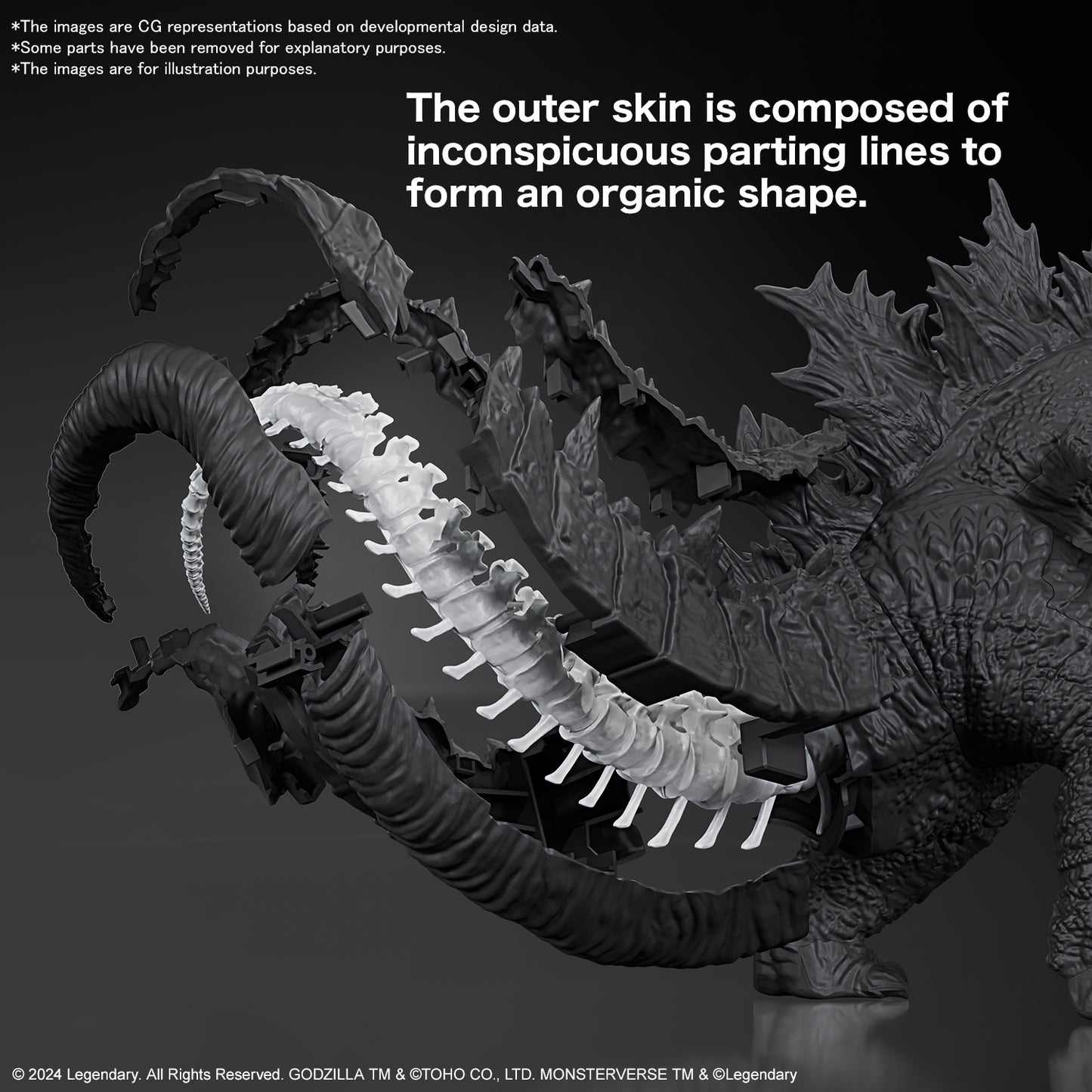 Bandai Godzilla (2024) model kit from Godzilla X Kong: The New Empire, featuring realistic texture, dynamic articulation, and detailed molding.