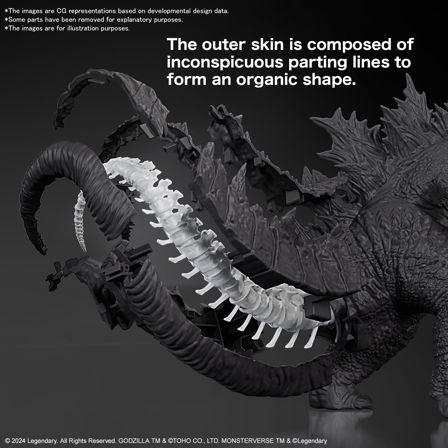 Bandai Godzilla (2024) model kit from Godzilla X Kong: The New Empire, featuring realistic texture, dynamic articulation, and detailed molding.
