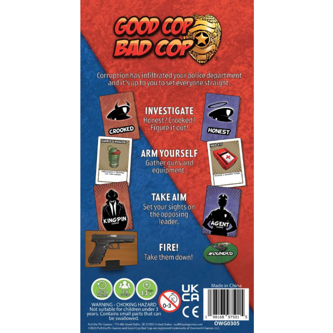 Good Cop Bad Cop 4th Edition board game box back featuring game mechanics and social deduction theme
