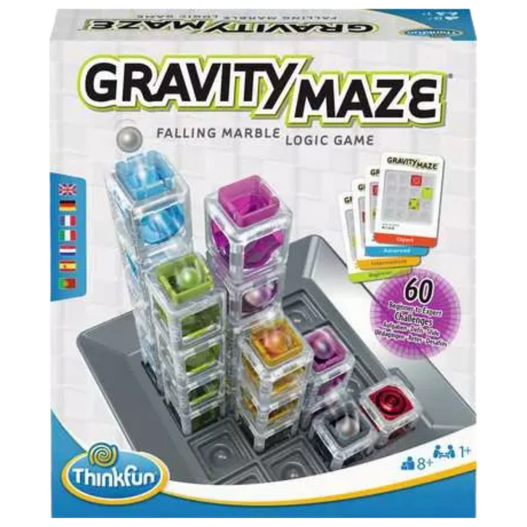 ThinkFun Gravity Maze marble logic game with colorful translucent towers.