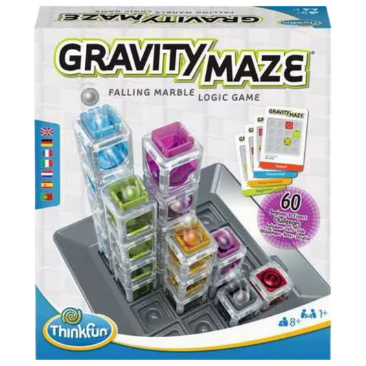 ThinkFun Gravity Maze marble logic game with colorful translucent towers.