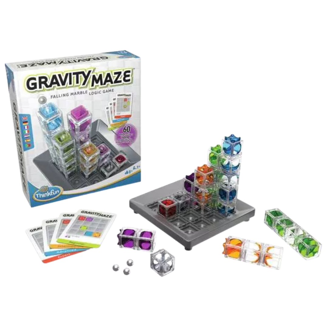 Gravity Maze contents with game grid, challenge cards, towers, target piece, and marbles.