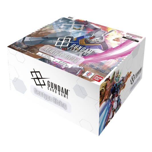 Gundam Card Game GD-01 Newtype Rising Booster Box featuring Mobile Suit Gundam, Unicorn, Wing, SEED, and Witch from Mercury