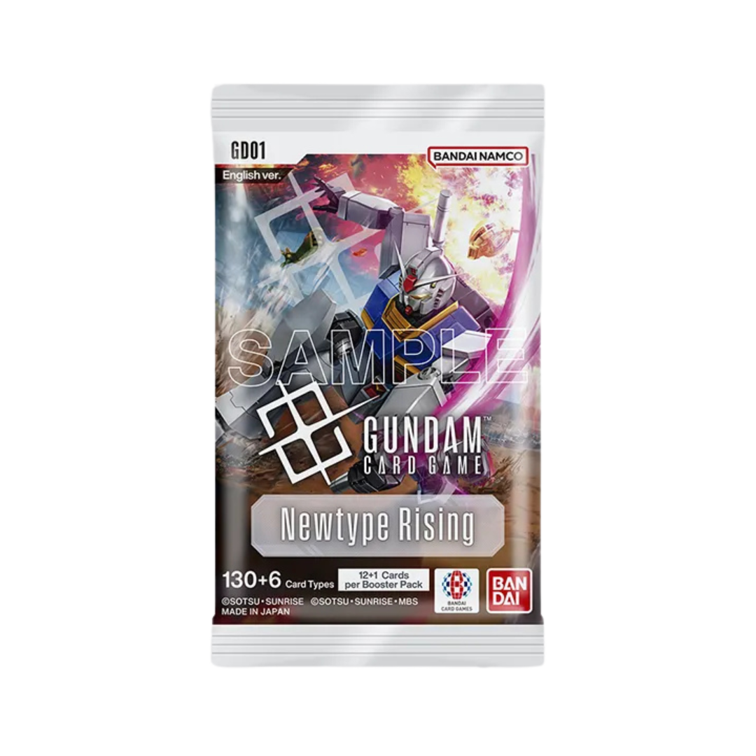 Gundam Card Game Newtype Rising GD‑01 booster pack featuring iconic Mobile Suits with vibrant artwork, 12 cards plus resource token
