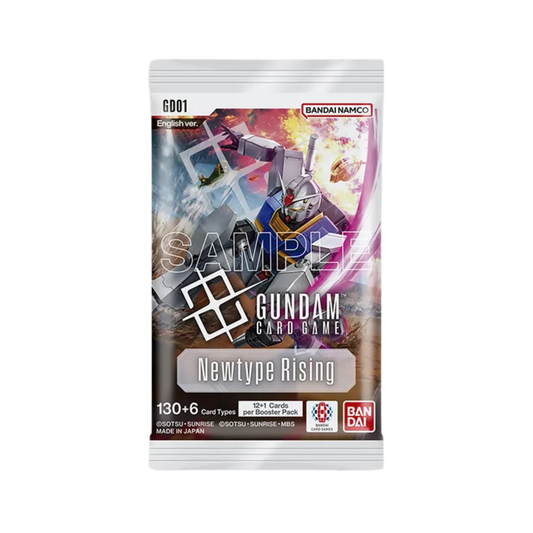 Gundam Card Game Newtype Rising GD‑01 booster pack featuring iconic Mobile Suits with vibrant artwork, 12 cards plus resource token