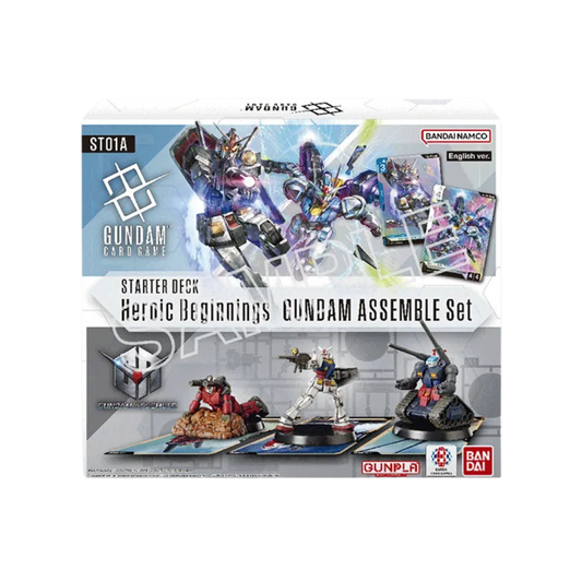 Gundam Card Game ST‑01A Heroic Beginnings Starter Set showing card deck art and Gundam Assemble miniatures