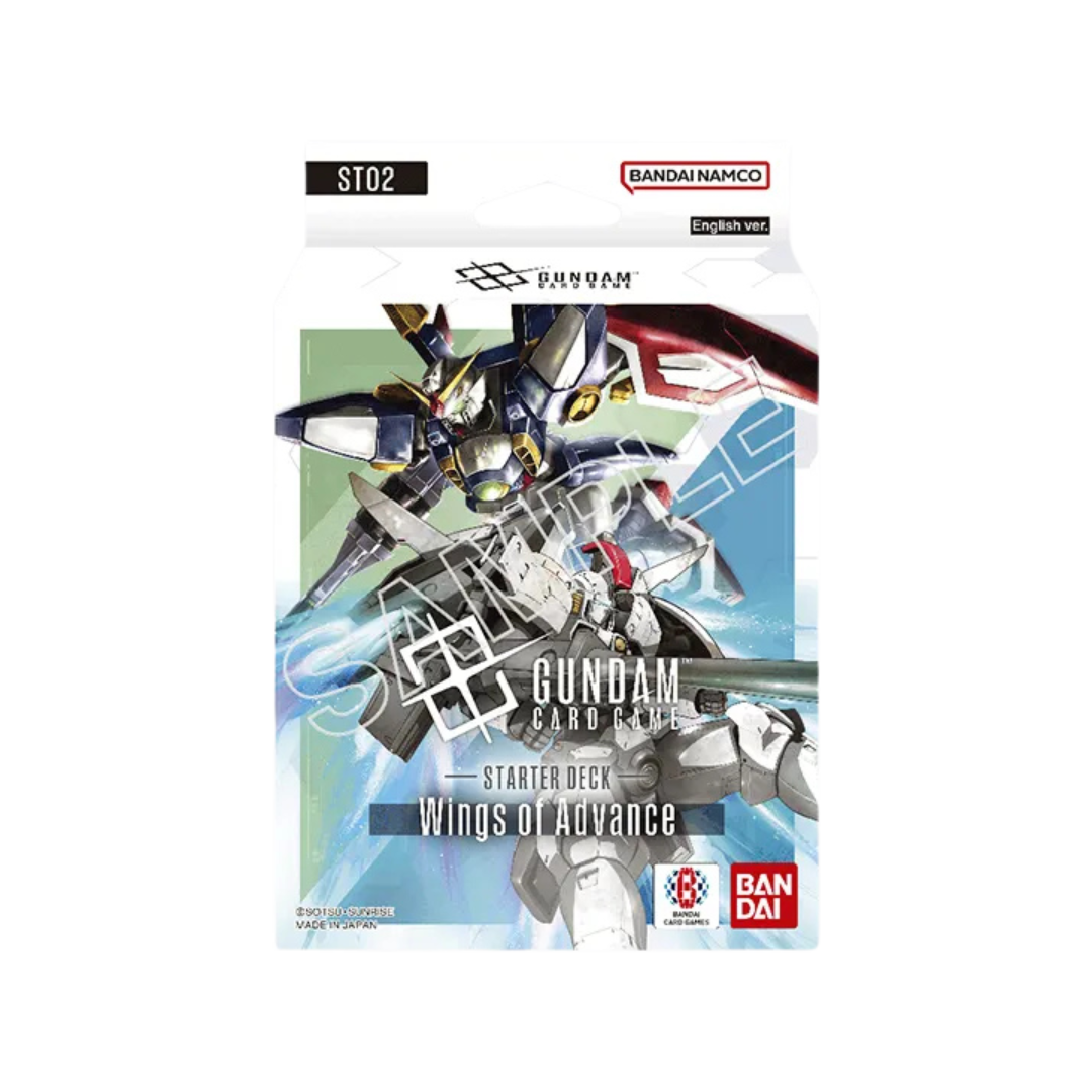 Gundam Card Game ST-02 Wings of Advance Starter Deck featuring Gundam Wing art, 50‑card deck, tokens, resource cards, and bonus holo pack
