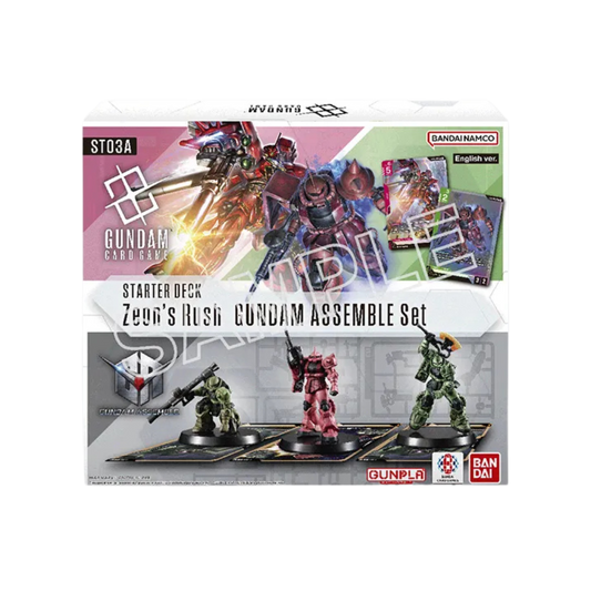Gundam CG ST-03 Gundam Assemble Zeon’s Rush Starter Set, dual-deck card game bundle with iconic Universal Century suits and fast-paced Zeon mobile suits.