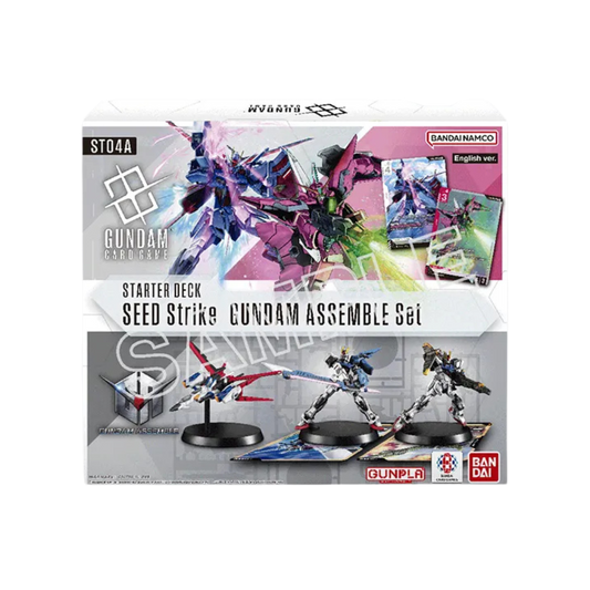 Gundam Card Game ST-04A SEED Strike Starter Set with Aile Strike and Aegis Gundam artwork plus three buildable Gundam Assemble miniatures for tabletop play