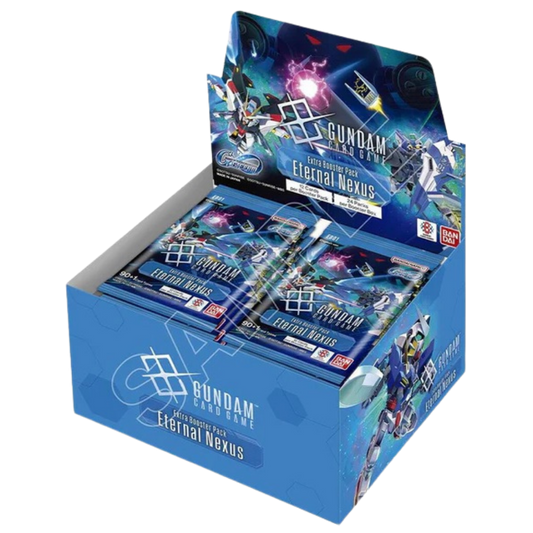 Gundam trading card game box with multiple packs on a white background