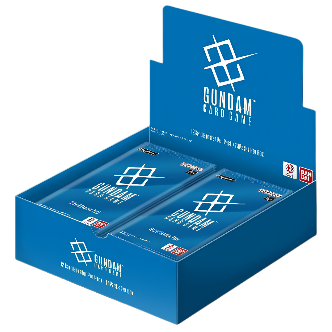 Gundam card game packaging with blue boxes and visible branding.