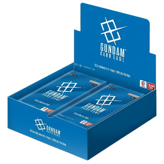 Gundam card game packaging with blue boxes and visible branding.