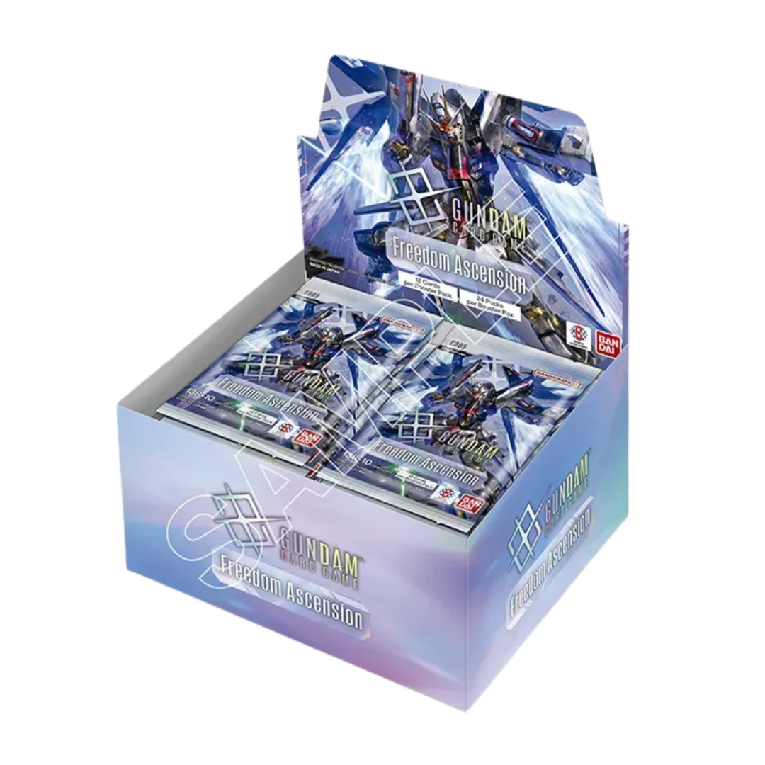 Gundam Card Game GD-05 Freedom Ascension Booster Box featuring anniversary cards, G Gundam debut and premium LR++ rarities