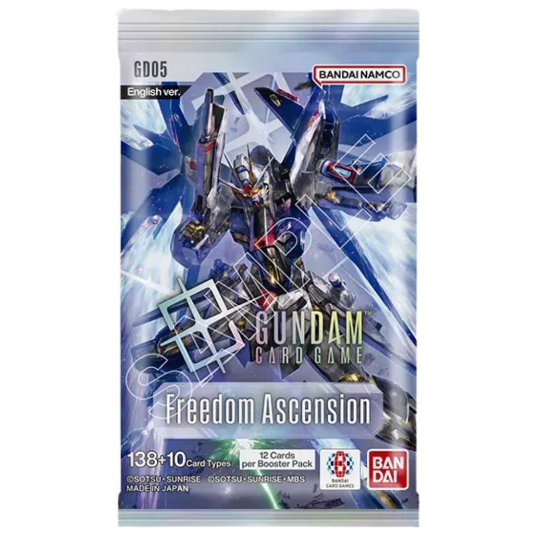 Gundam Card Game GD-05 Freedom Ascension Booster Pack featuring anniversary cards and premium rarities