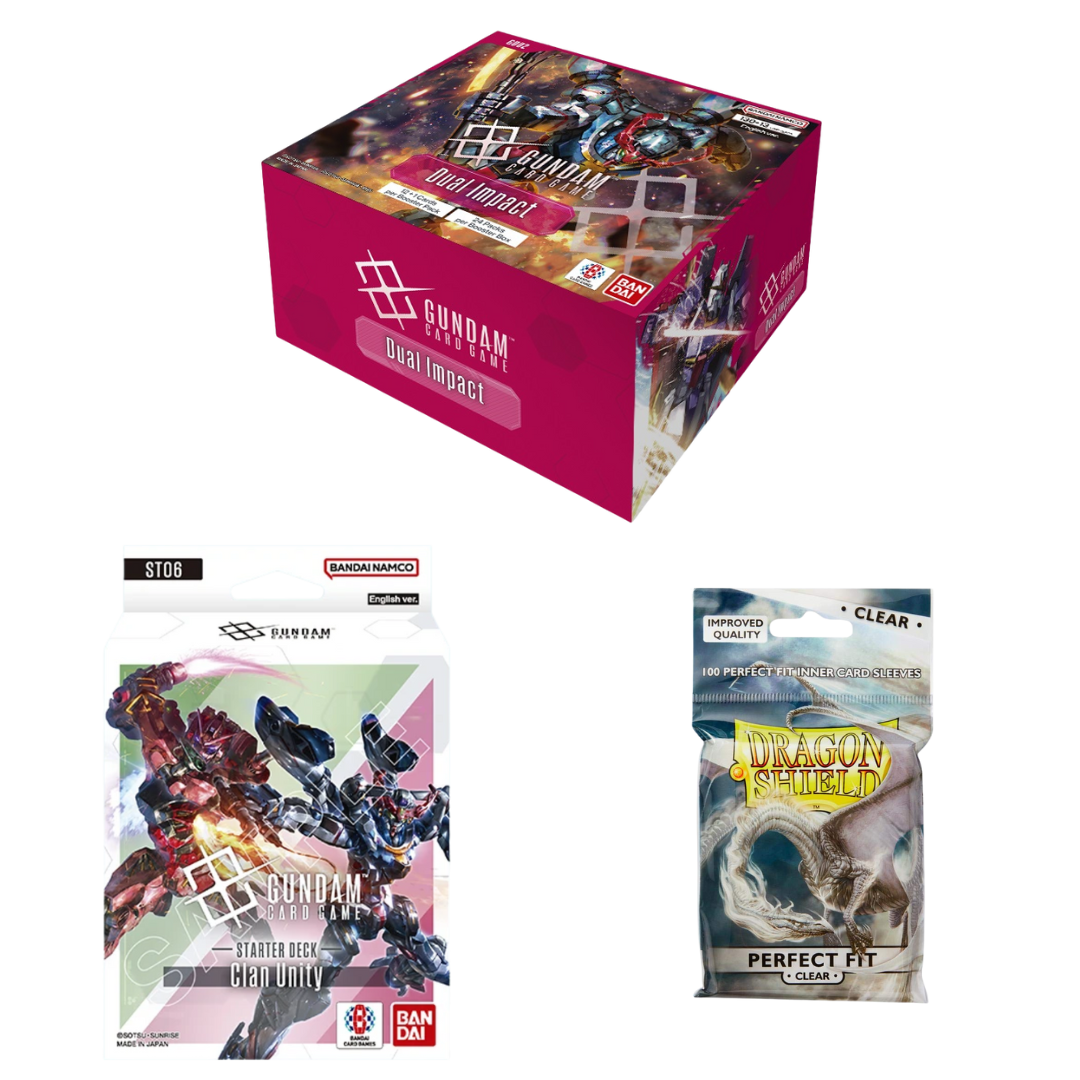 Gundam CG Master Collection with Dual Impact booster display, Clan Unity starter deck, and Dragon Shield Perfect Fit sleeves