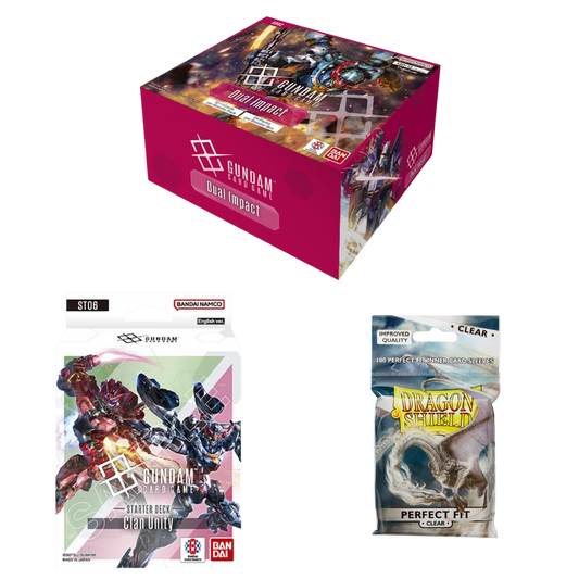 Gundam CG Master Collection with Dual Impact booster display, Clan Unity starter deck, and Dragon Shield Perfect Fit sleeves