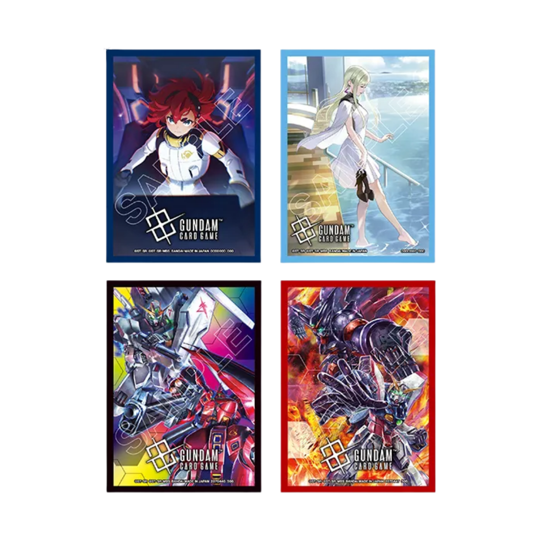 Gundam Card Game Official Card Sleeves Set 2 featuring four character and Mobile Suit designs