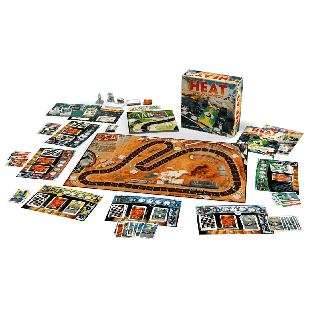 Heat Pedal to the Metal board game with race track board, player cards, car pieces, and game box