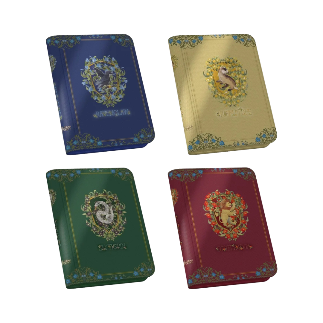 Ultimate Guard Harry Potter Zipfolio collection with Gryffindor, Slytherin, Hufflepuff, and Ravenclaw designs