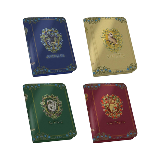 Ultimate Guard Harry Potter Zipfolio collection with Gryffindor, Slytherin, Hufflepuff, and Ravenclaw designs