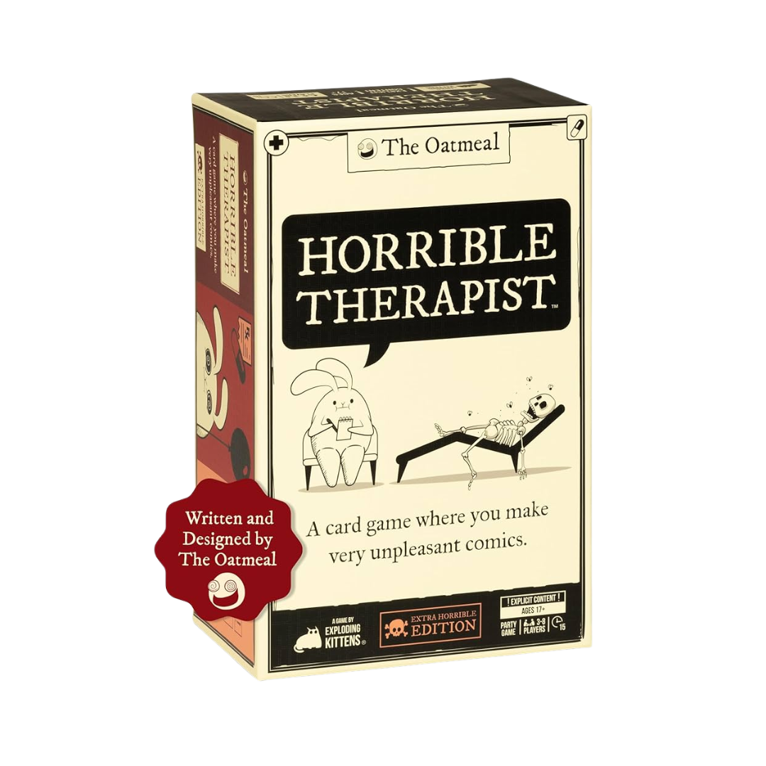 Horrible Therapist card game—create darkly funny therapy comics with friends. Includes 438 cards for outrageous gameplay.