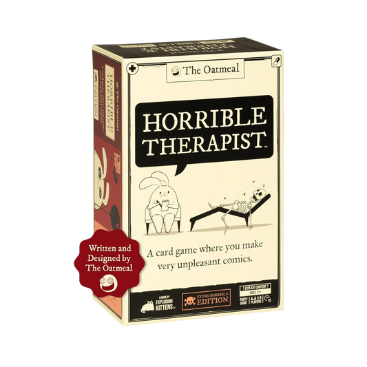 Horrible Therapist card game—create darkly funny therapy comics with friends. Includes 438 cards for outrageous gameplay.