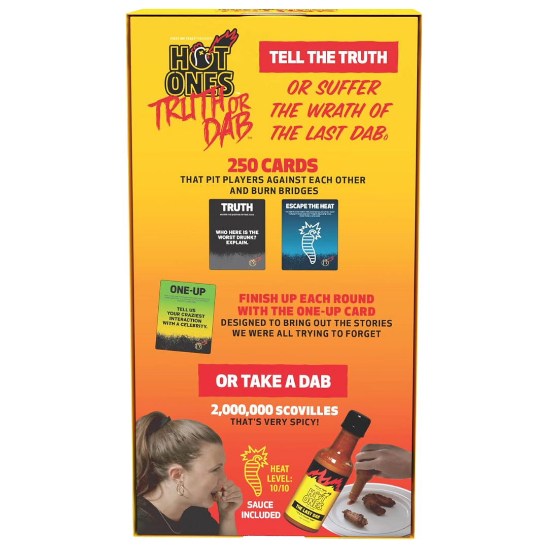 Hot Ones: Truth or Dab party game, includes 250 question cards and Last Dab hot sauce, spicy challenge game inspired by the Hot Ones show.