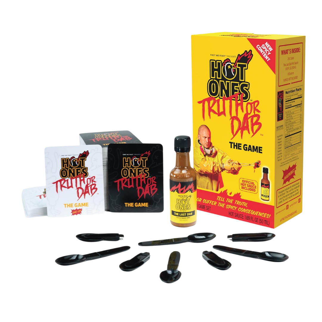 Hot Ones: Truth or Dab party game, includes 250 question cards and Last Dab hot sauce, spicy challenge game inspired by the Hot Ones show.