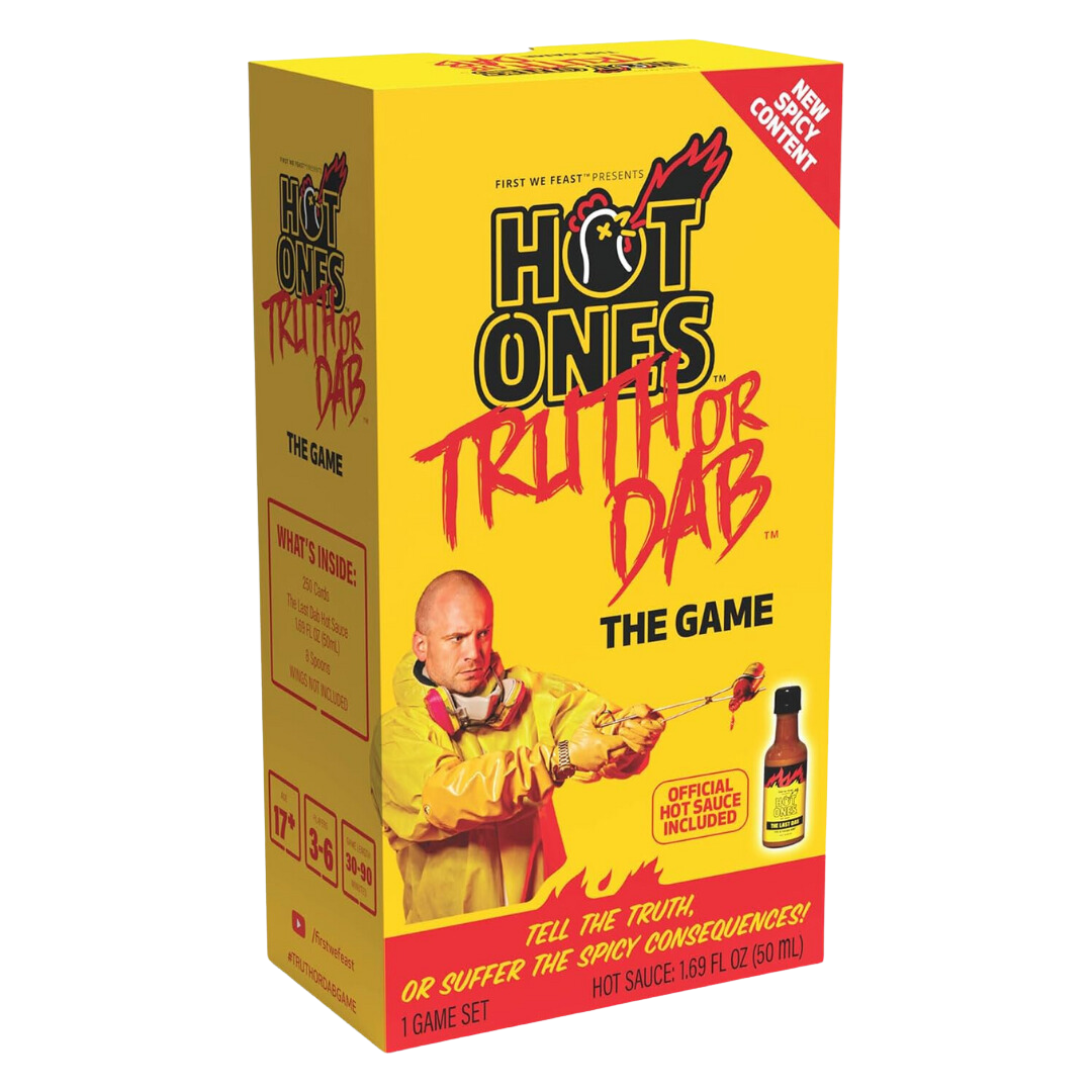 Hot Ones: Truth or Dab party game, includes 250 question cards and Last Dab hot sauce, spicy challenge game inspired by the Hot Ones show.