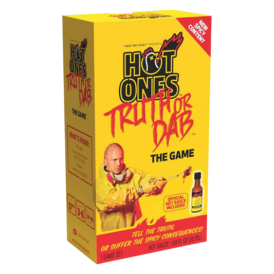 Hot Ones: Truth or Dab party game, includes 250 question cards and Last Dab hot sauce, spicy challenge game inspired by the Hot Ones show.