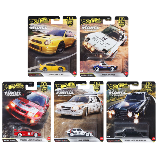 Hot Wheels Car Culture Thrill Climbers 2026 Set of 5 with protector featuring Subaru, Porsche, Mitsubishi, Lancia, and Mercedes