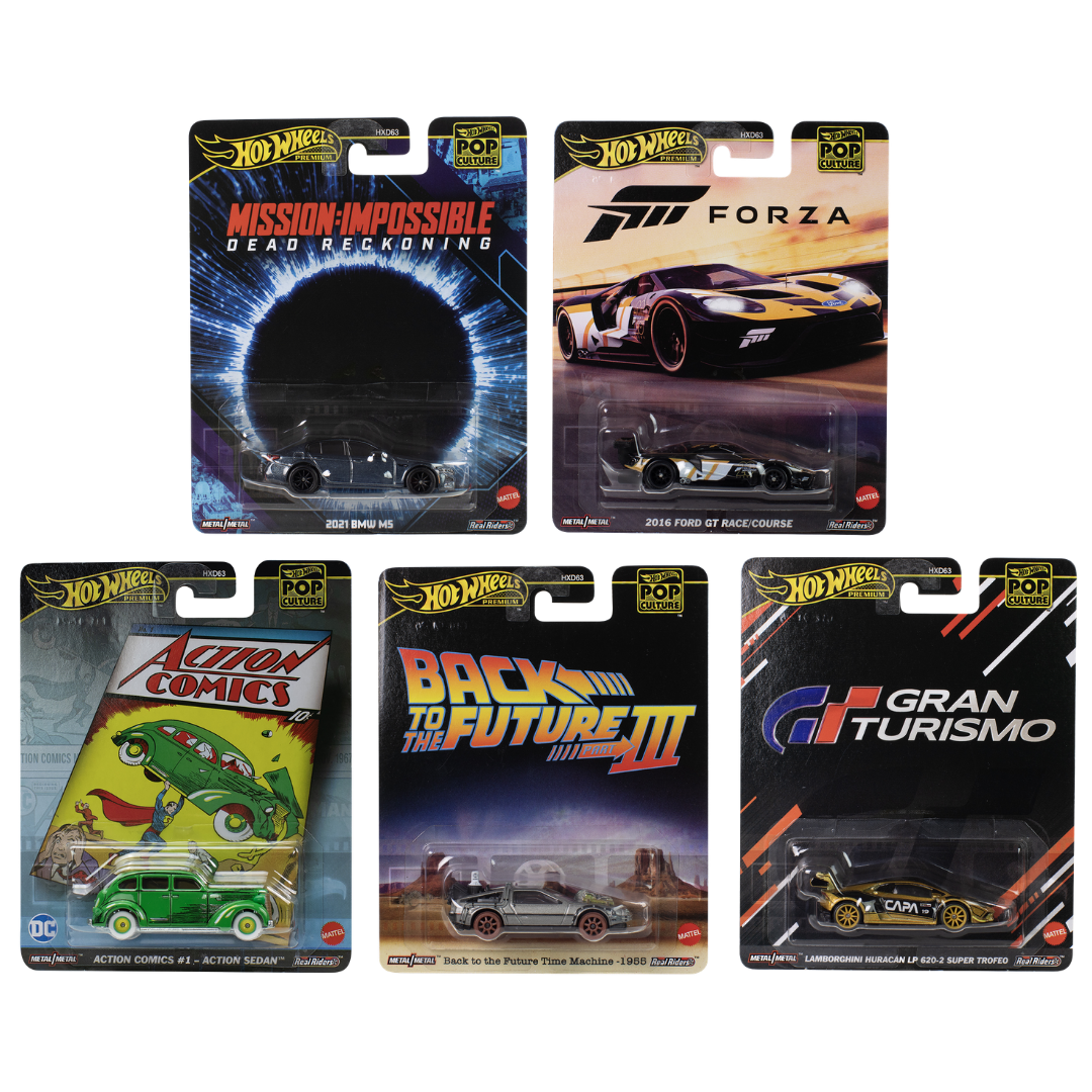 Hot Wheels Pop Culture 2025 Mix 5(L) Set of 5 with protector featuring BMW M5, Ford GT, Huracán, DeLorean, and Sedan