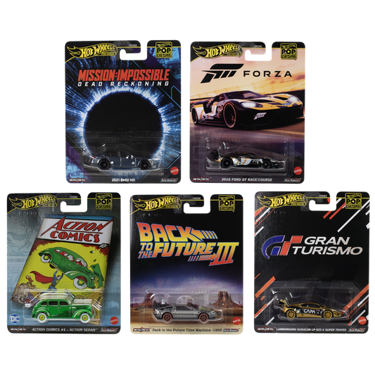 Hot Wheels Pop Culture 2025 Mix 5(L) Set of 5 with protector featuring BMW M5, Ford GT, Huracán, DeLorean, and Sedan