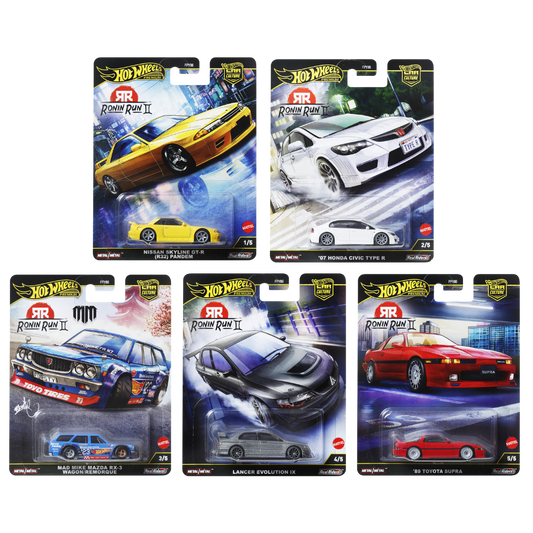 Hot Wheels Ronin Run II Set of 5 with protector featuring Civic Type R, Skyline R32, Supra, Evo IX, and RX-3 Wagon