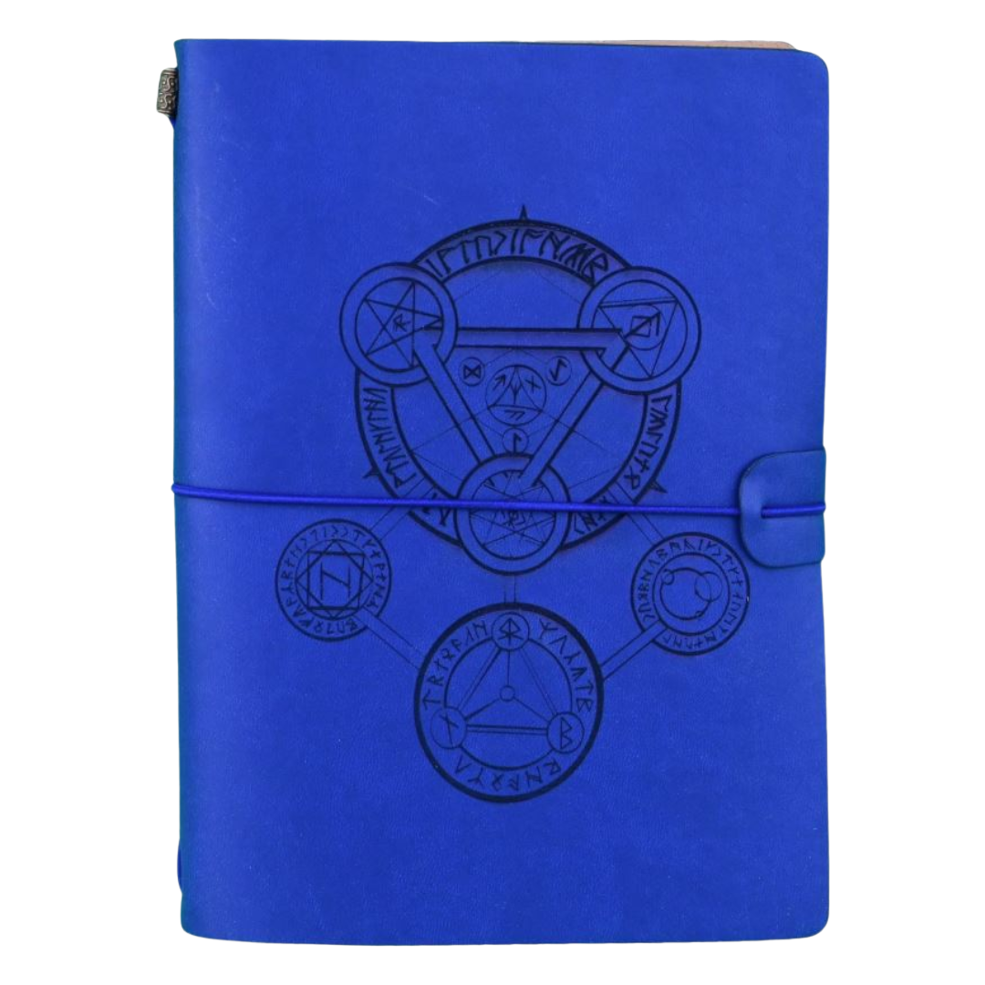 Hrothgar's Hoard Character Journal Blue Sword and Arcane Symbol cover, RPG notebook with elastic closure