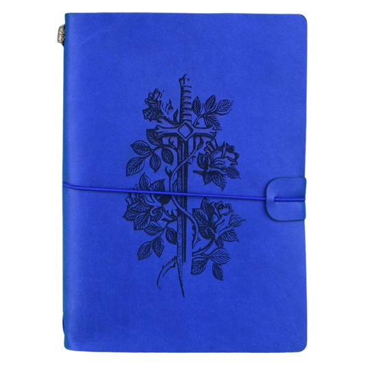 Hrothgar's Hoard Character Journal Blue Sword and Rose cover, RPG notebook with elastic closure