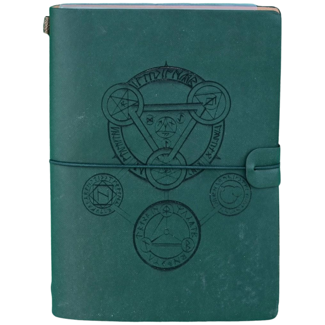 Hrothgar’s Hoard Character Journal, Green Arcane Symbol cover, RPG notebook for campaign notes and character tracking