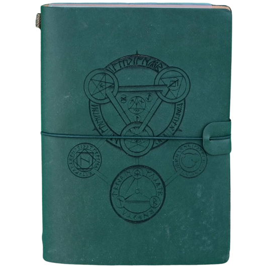 Hrothgar’s Hoard Character Journal, Green Arcane Symbol cover, RPG notebook for campaign notes and character tracking