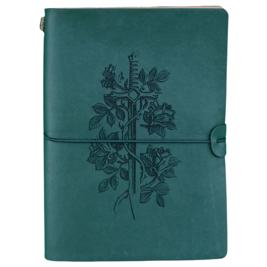 Hrothgar's Hoard Character Journal Green Sword and Rose cover, RPG notebook with elastic closure