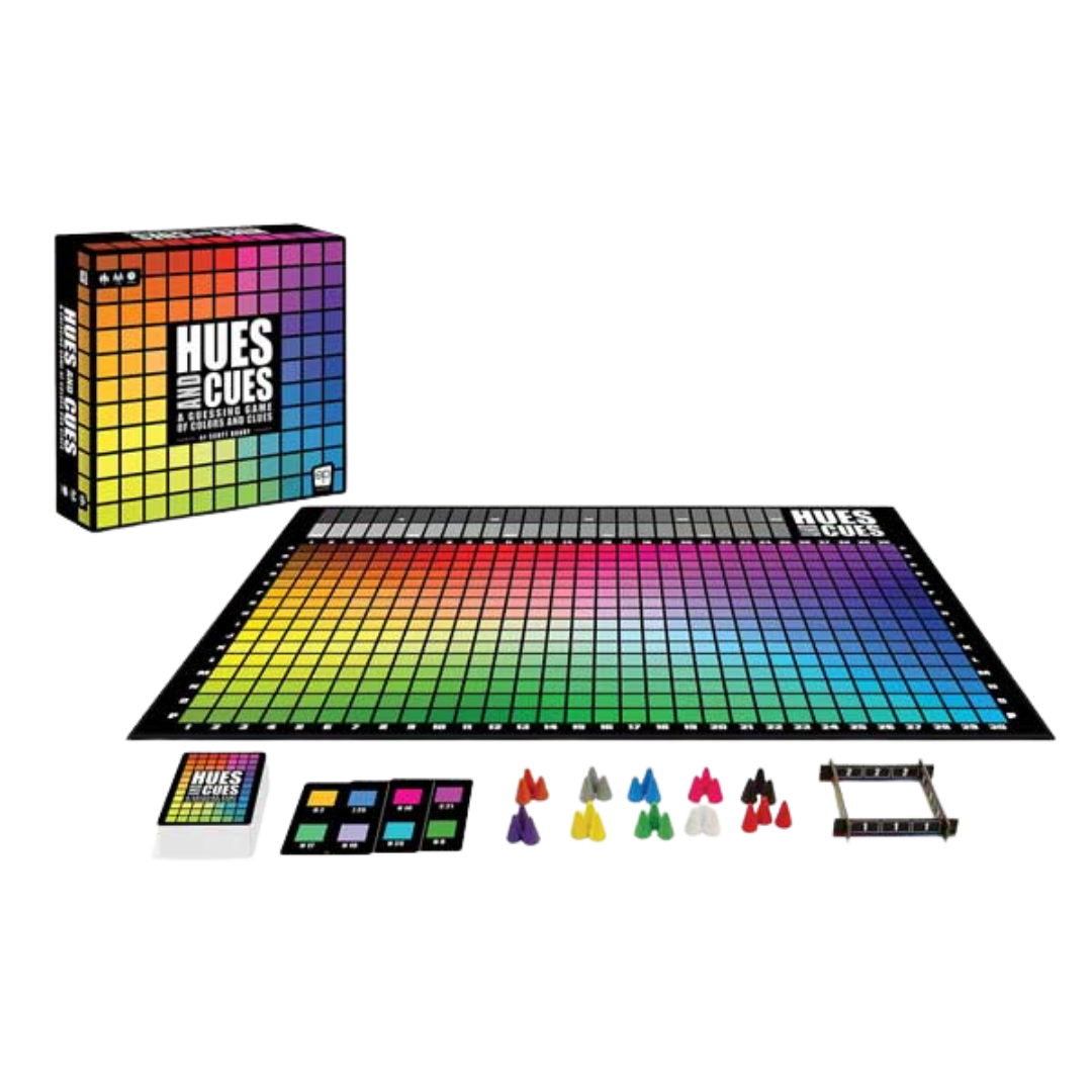 Hues and Cues board game box, colour grid board with 480 shades, player markers, and clue cards displayed on table