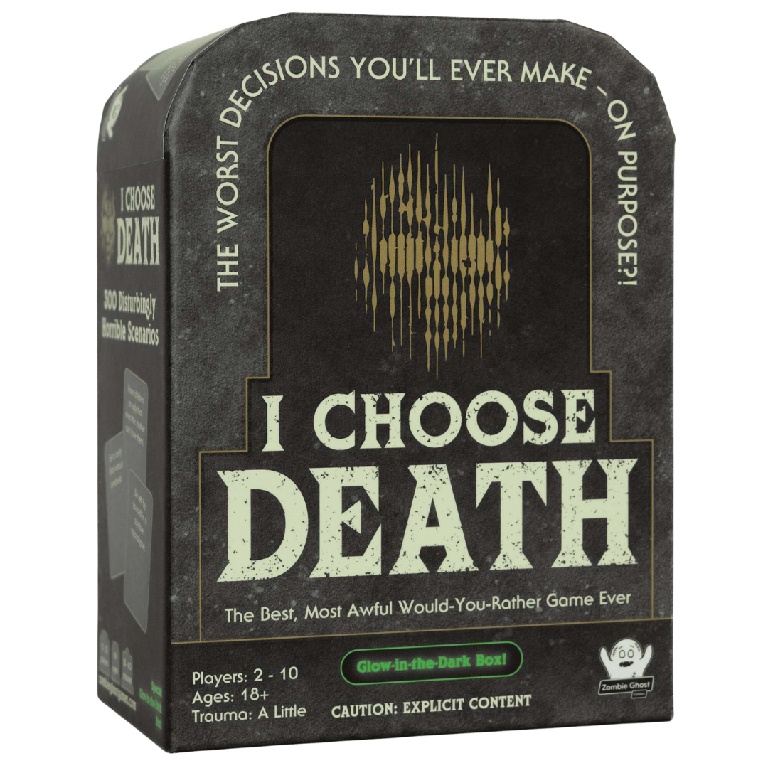 I Choose Death card game, adult party game box front, would you rather game, dark humour, party game for adults