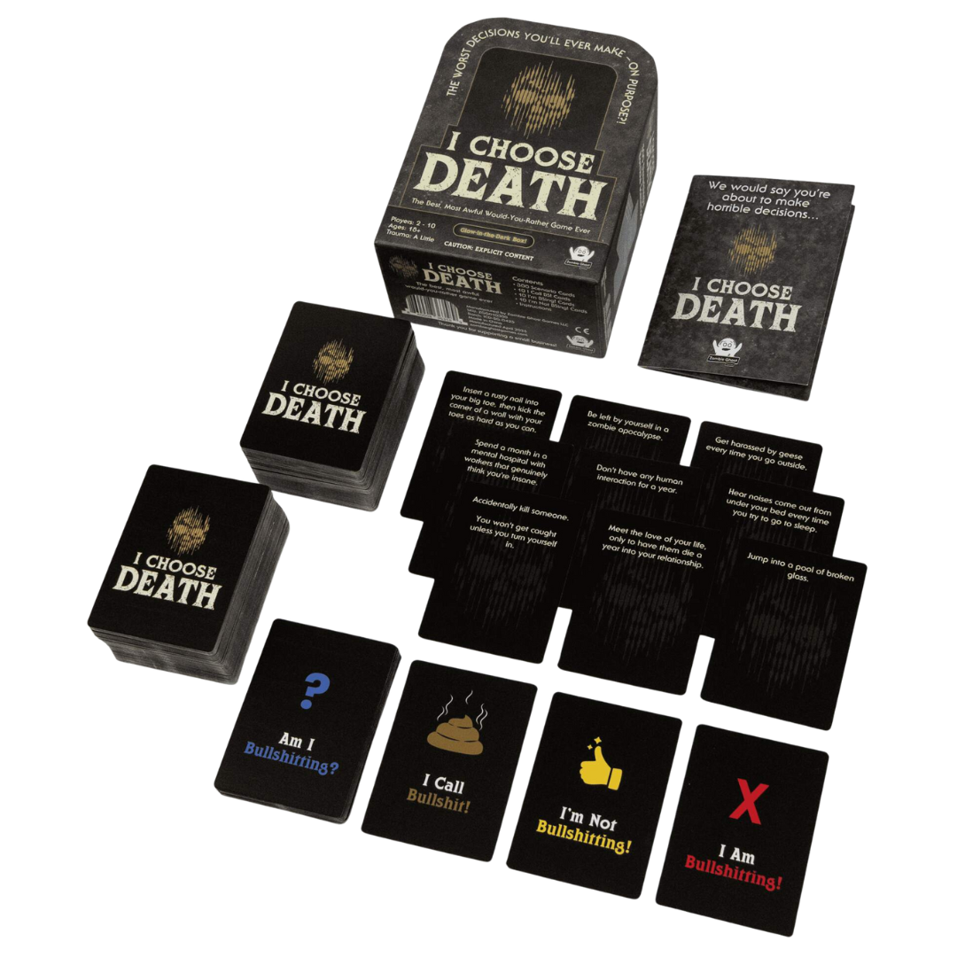I Choose Death cards spread on table, players choosing between two awful scenarios, adult party game setup