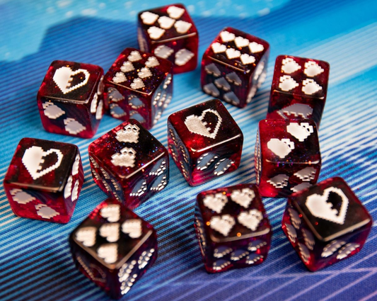 Infinite Black 1UP Dice - 12D6 Heart Pip set featuring premium six-sided dice with unique heart-shaped pips for tabletop and board gaming.
