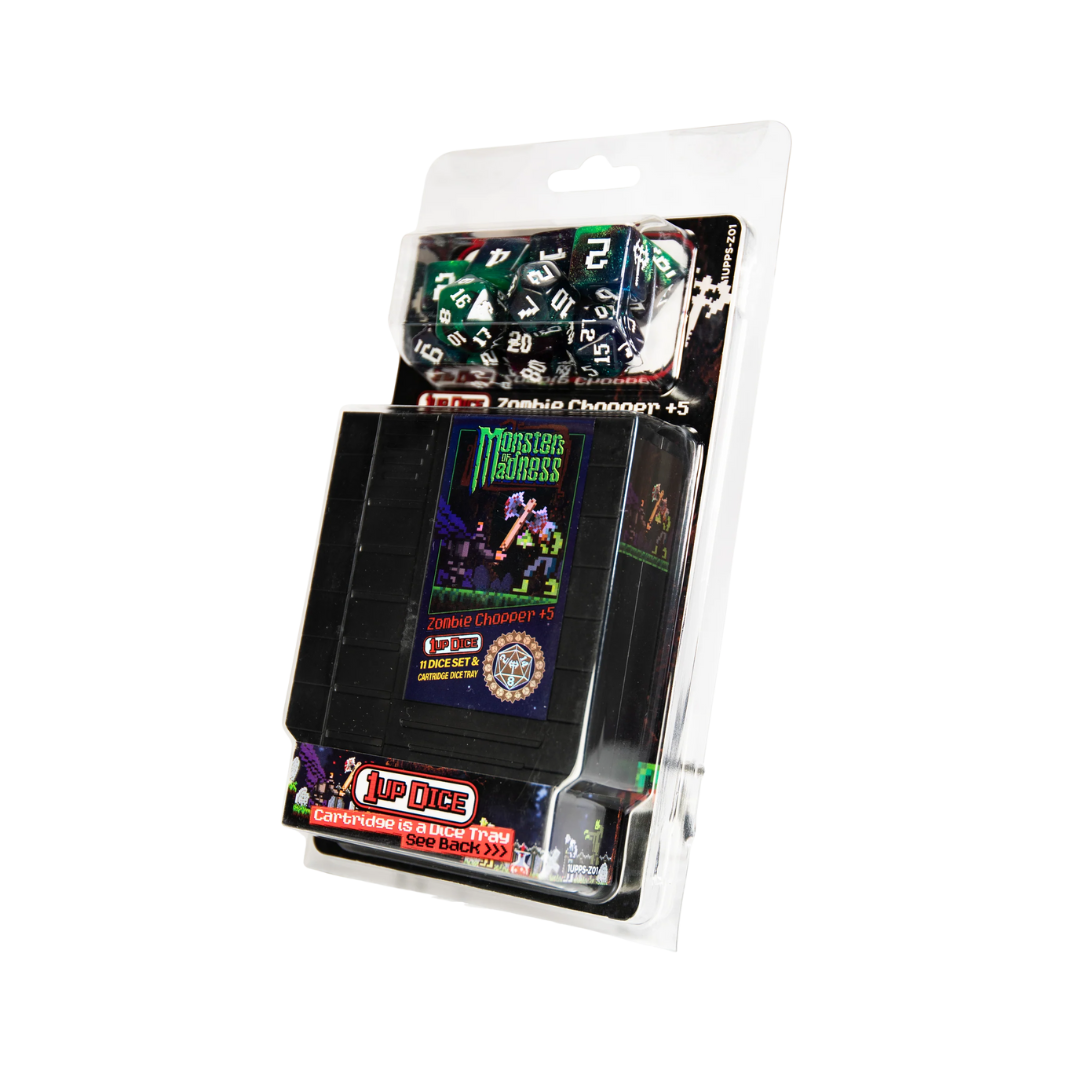 Infinite Black 1UP Dice set in Zombie Chopper design with seven RPG dice in distressed post-apocalyptic colour scheme

