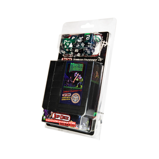 Infinite Black 1UP Dice set in Zombie Chopper design with seven RPG dice in distressed post-apocalyptic colour scheme

