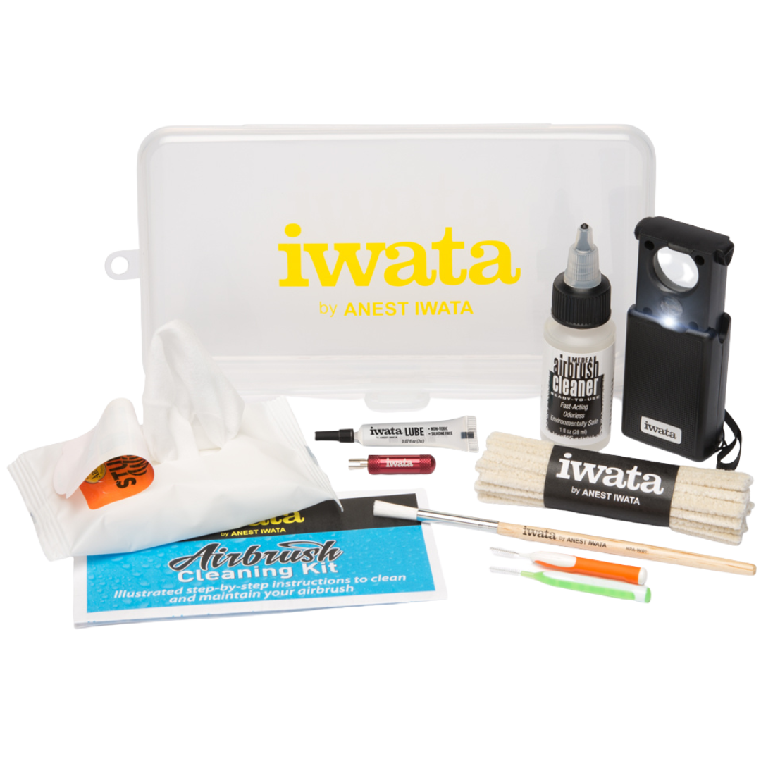 Iwata Cleaning Kit with airbrush cleaning tools, brushes, swabs, and case for hobby airbrush care